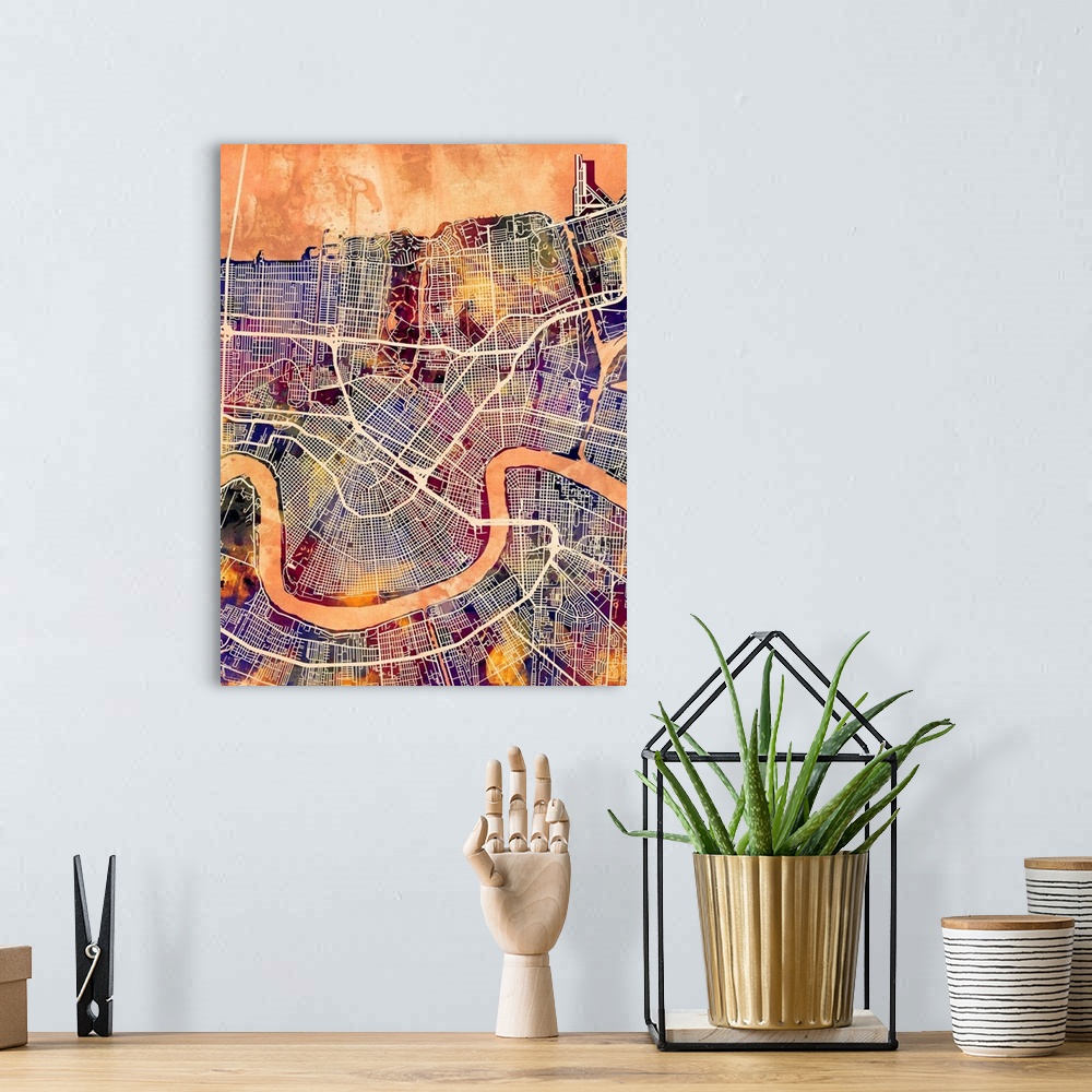 A bohemian room featuring Watercolor street map of New Orleans, Louisiana, United States.