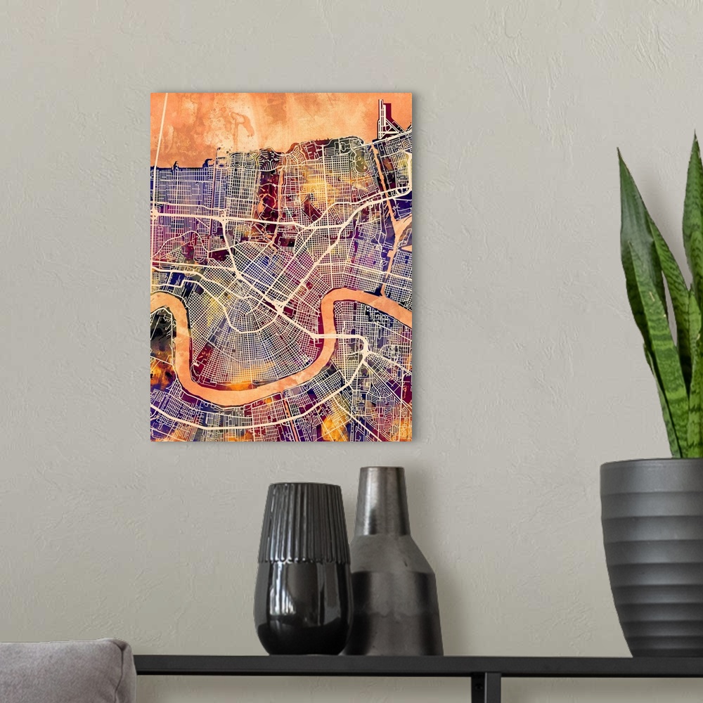 A modern room featuring Watercolor street map of New Orleans, Louisiana, United States.