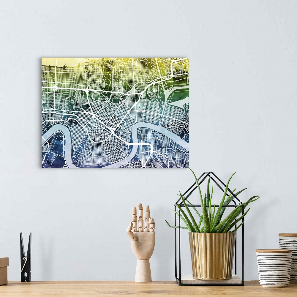 A bohemian room featuring Watercolor street map of New Orleans, Louisiana, United States.