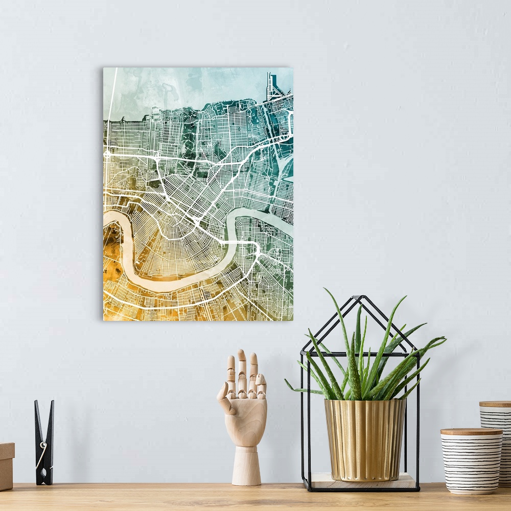 A bohemian room featuring Watercolor street map of New Orleans, Louisiana, United States