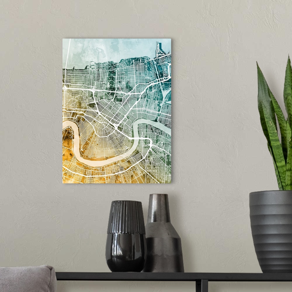 A modern room featuring Watercolor street map of New Orleans, Louisiana, United States