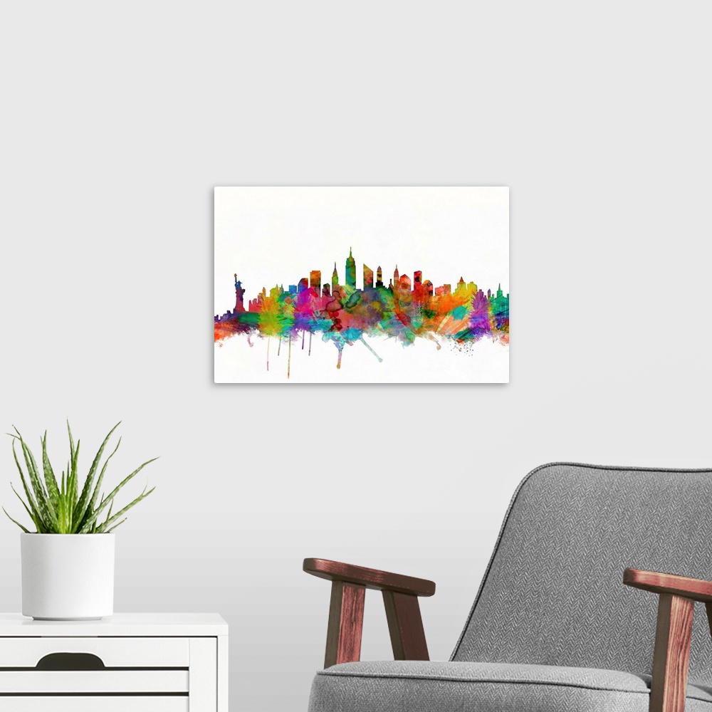 A modern room featuring Watercolor artwork of the New York City skyline against a white background.
