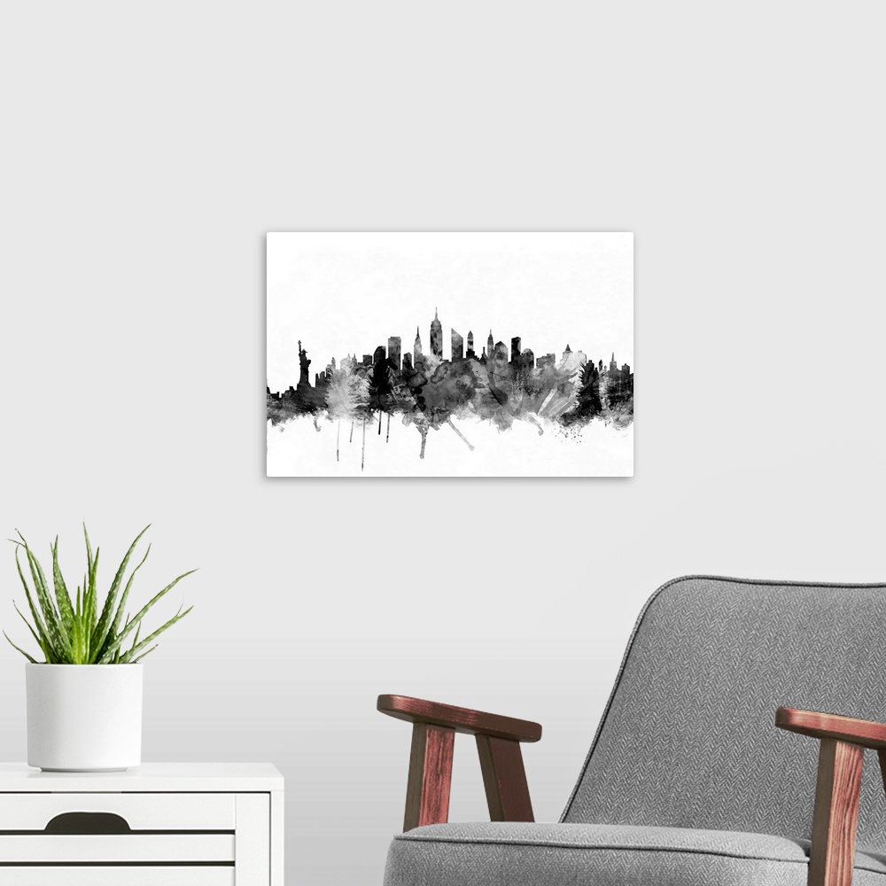 A modern room featuring Contemporary artwork of the New York city skyline in black watercolor paint splashes.