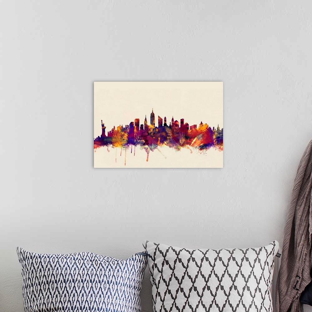 A bohemian room featuring Contemporary artwork of the New York city skyline in watercolor paint splashes.