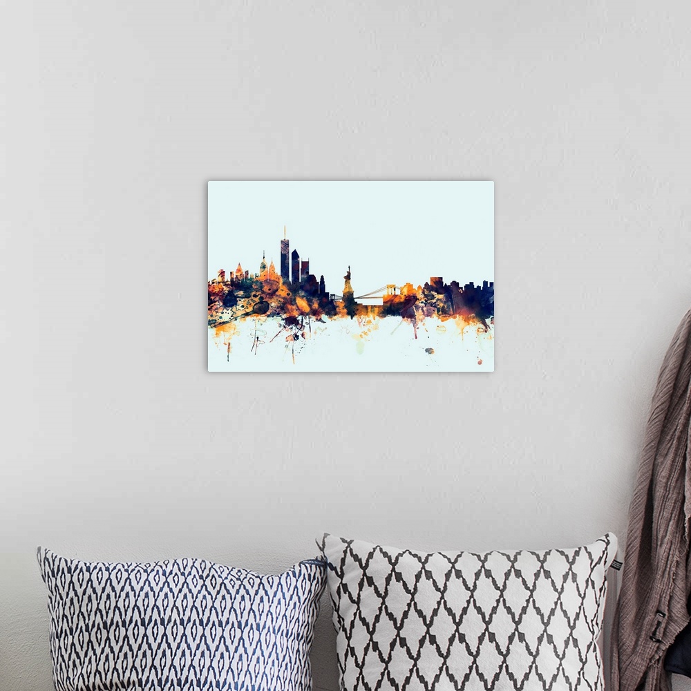 A bohemian room featuring Dark watercolor silhouette of the New York city skyline against a light blue background.