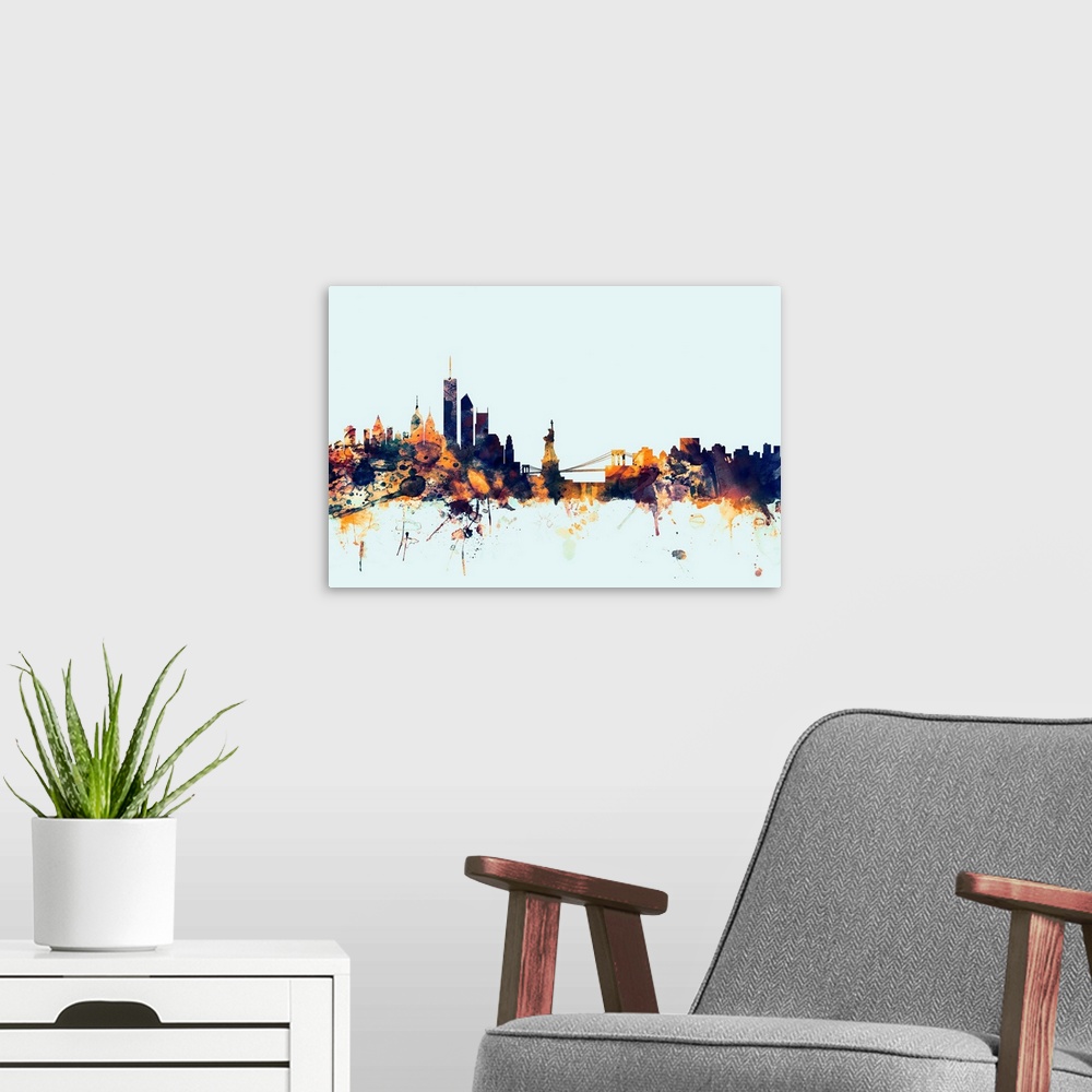 A modern room featuring Dark watercolor silhouette of the New York city skyline against a light blue background.