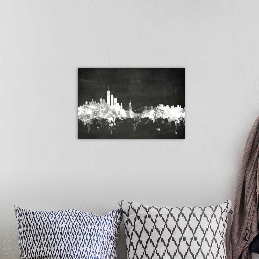 A bohemian room featuring Smokey dark watercolor silhouette of the New York city skyline against chalkboard background.