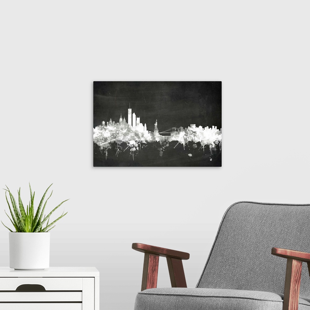 A modern room featuring Smokey dark watercolor silhouette of the New York city skyline against chalkboard background.