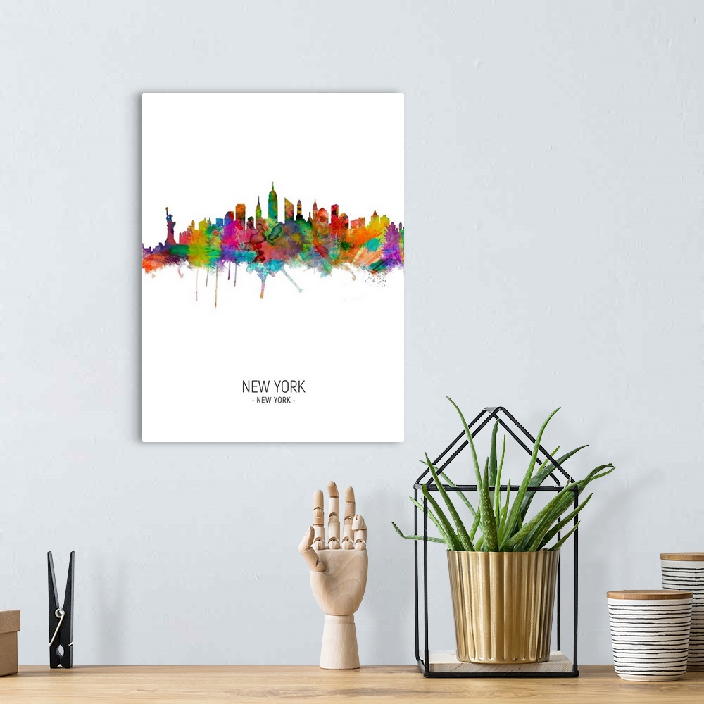 A bohemian room featuring Watercolor art print of the skyline of New York City, United States
