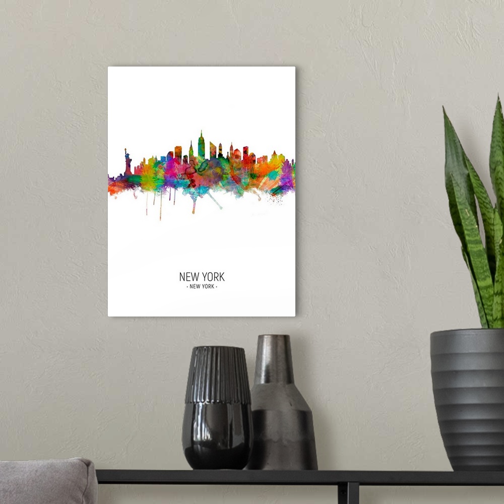 A modern room featuring Watercolor art print of the skyline of New York City, United States
