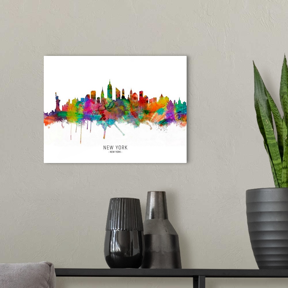 A modern room featuring Watercolor art print of the skyline of New York City, United States.