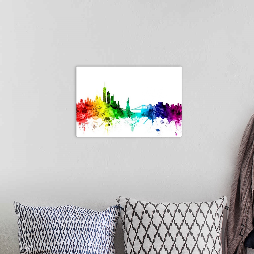 A bohemian room featuring Watercolor art print of the skyline of the City of New York, New York, United States.
