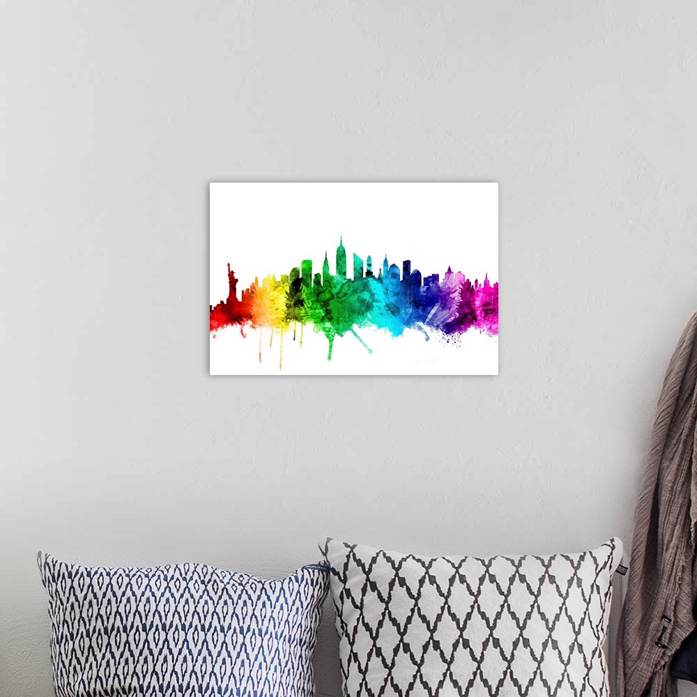 A bohemian room featuring Watercolor art print of the skyline of New York City, United States.