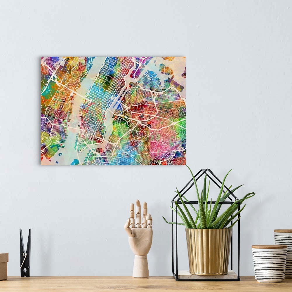 A bohemian room featuring Watercolor art map of New York city streets.