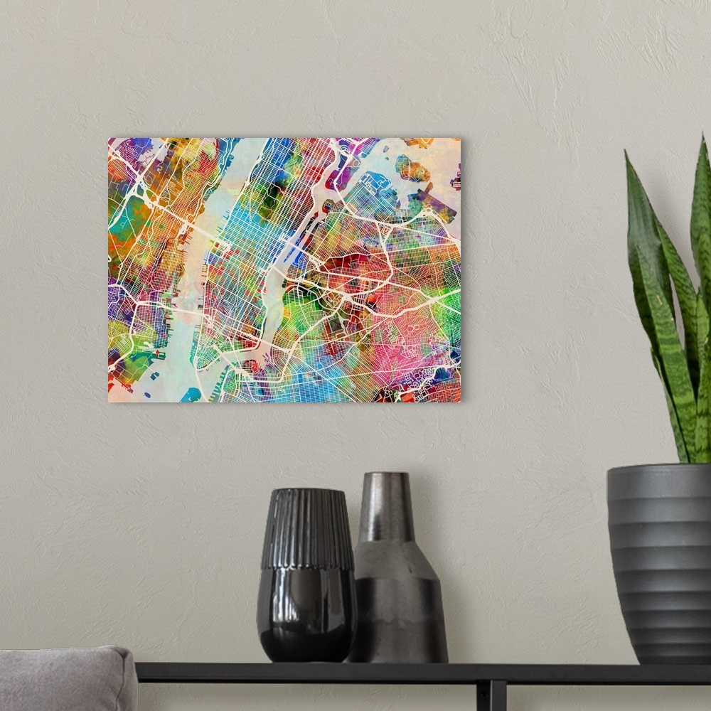 A modern room featuring Watercolor art map of New York city streets.
