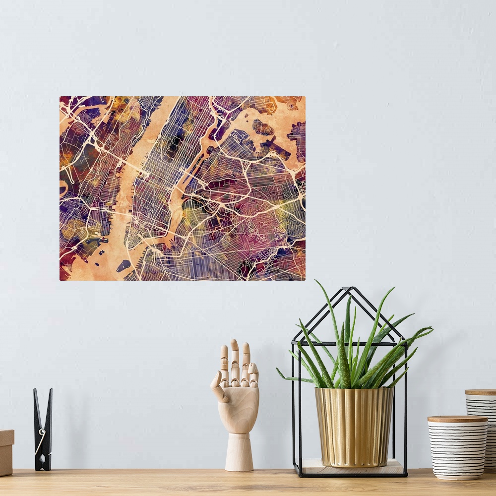 A bohemian room featuring Contemporary watercolor city street map of New York.