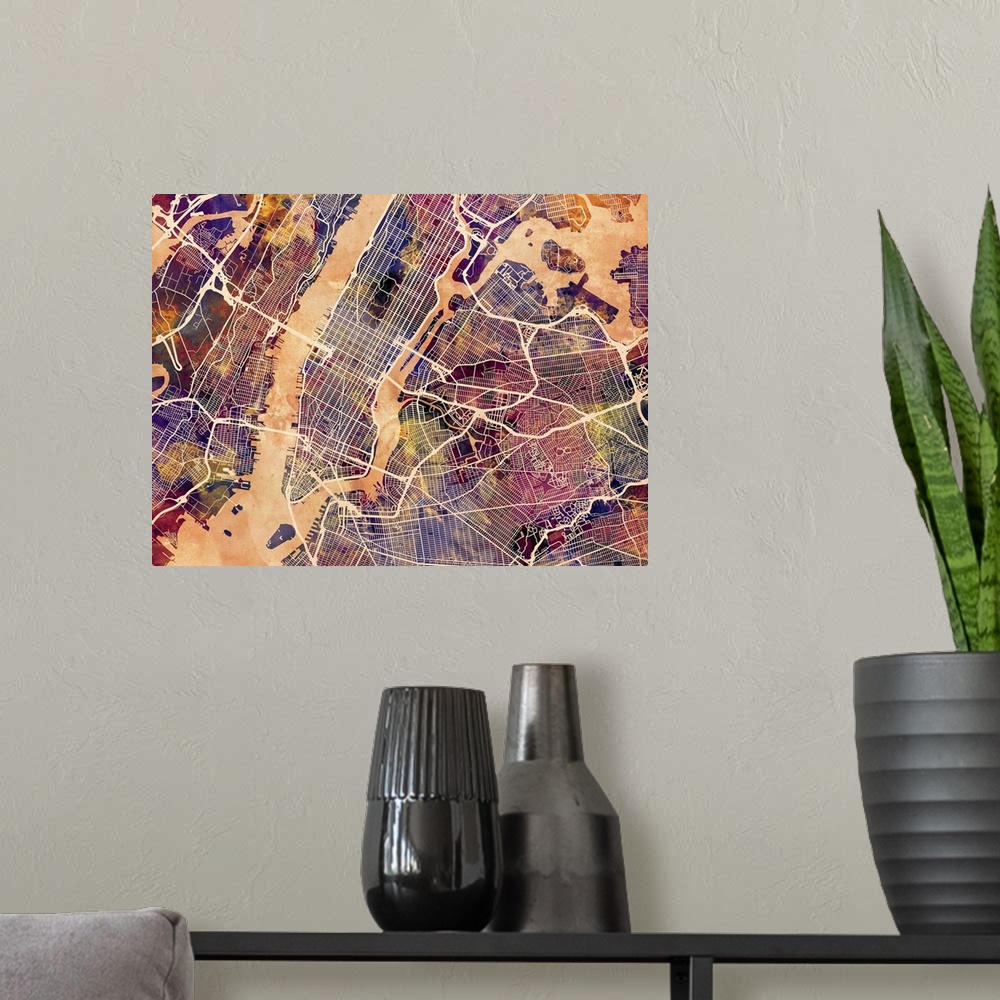 A modern room featuring Contemporary watercolor city street map of New York.