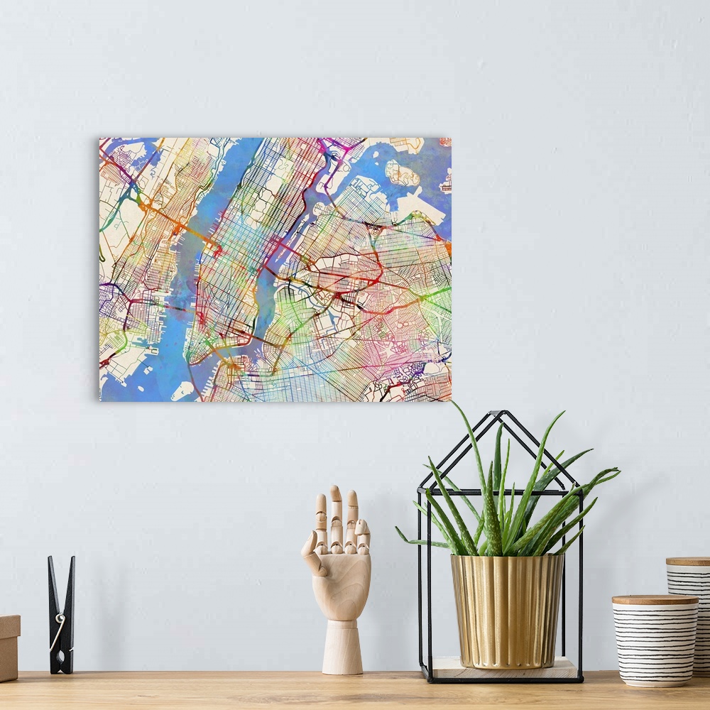 A bohemian room featuring Contemporary colorful city street map of New York City.