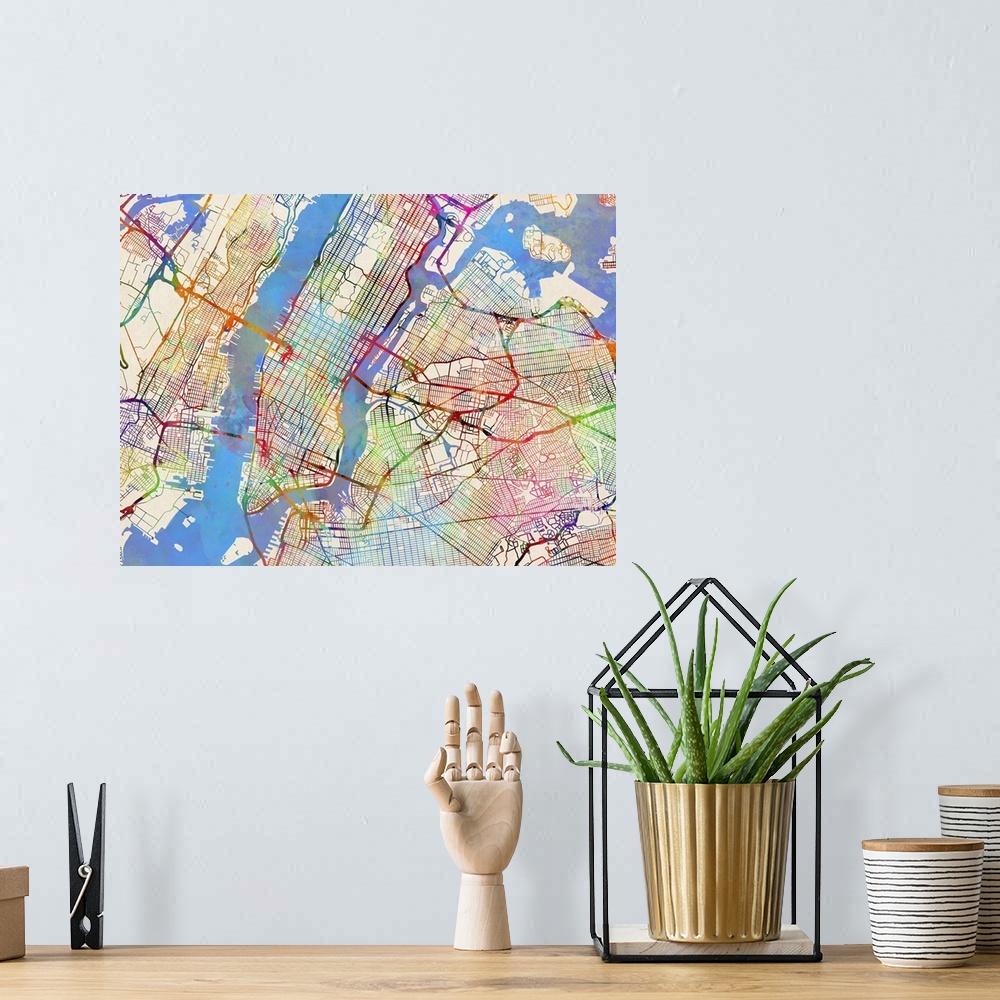 A bohemian room featuring Contemporary colorful city street map of New York City.