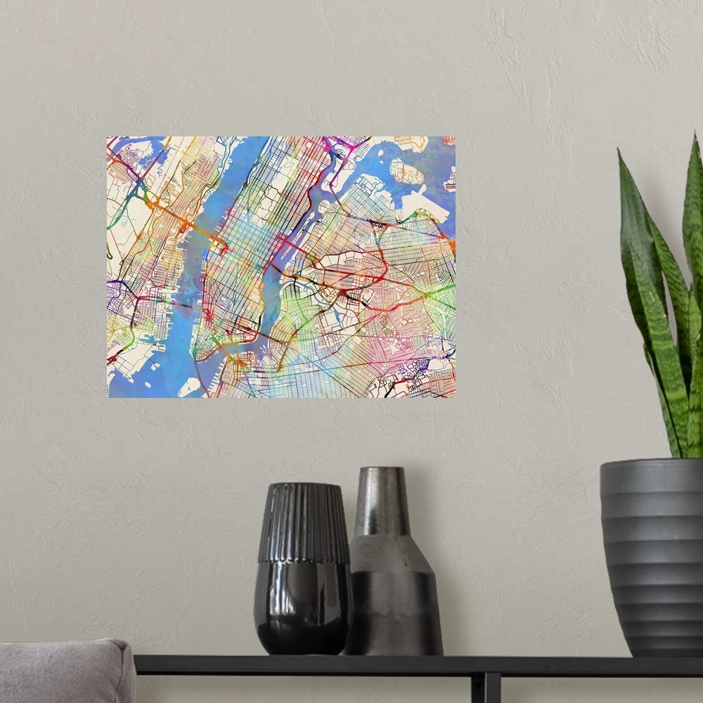 A modern room featuring Contemporary colorful city street map of New York City.