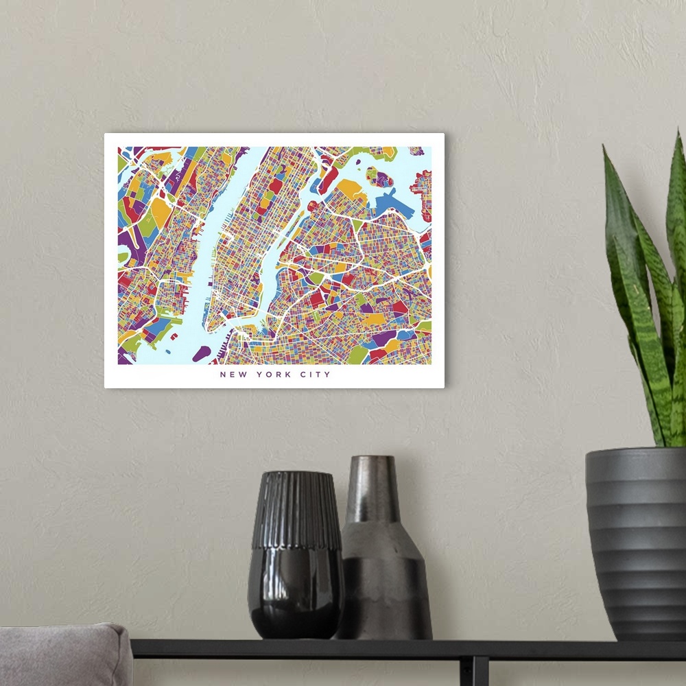 A modern room featuring A street map of New York City.