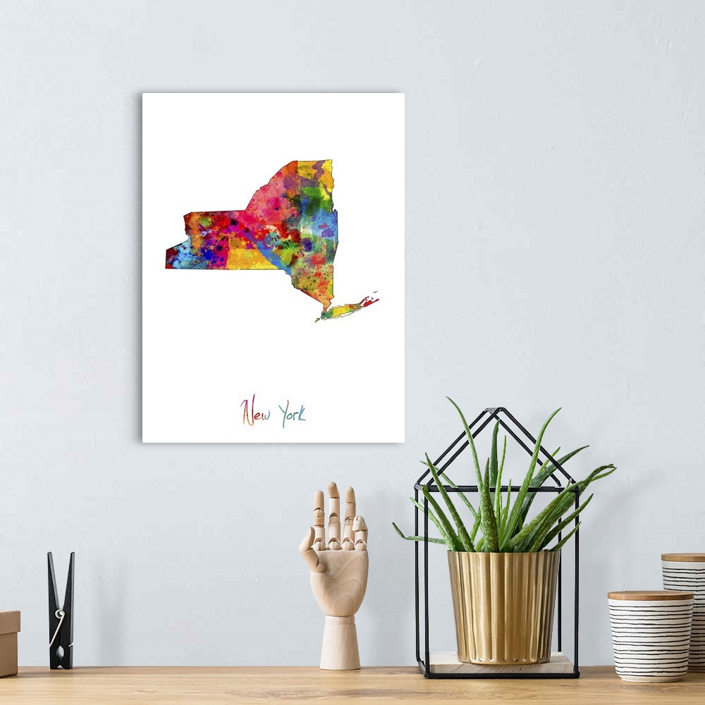 A bohemian room featuring Contemporary artwork of a map of New York made of colorful paint splashes.