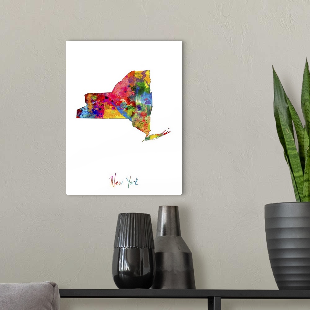 A modern room featuring Contemporary artwork of a map of New York made of colorful paint splashes.