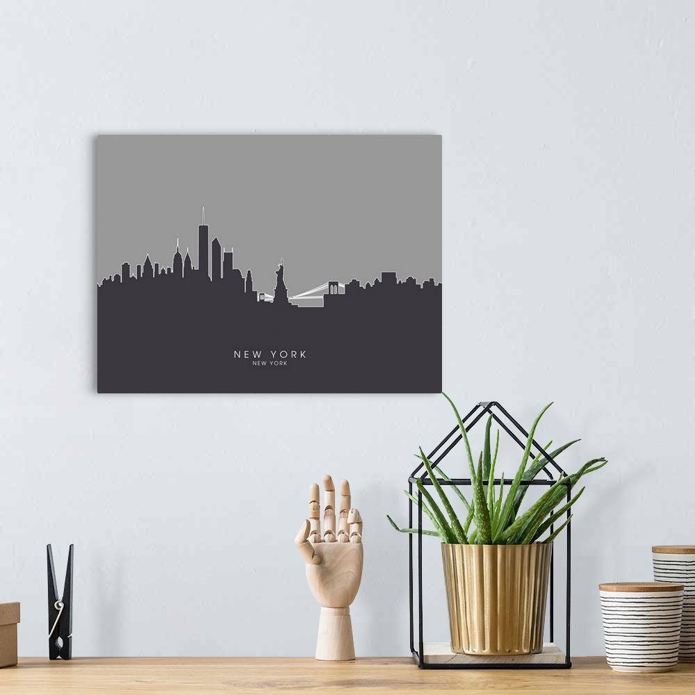 A bohemian room featuring Contemporary artwork of the New York City skyline silhouetted in dark gray.