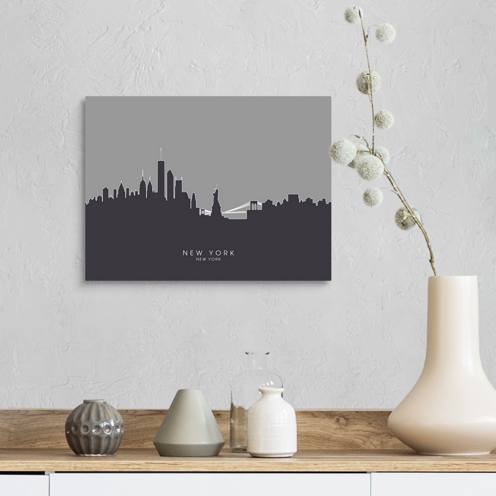 A farmhouse room featuring Contemporary artwork of the New York City skyline silhouetted in dark gray.