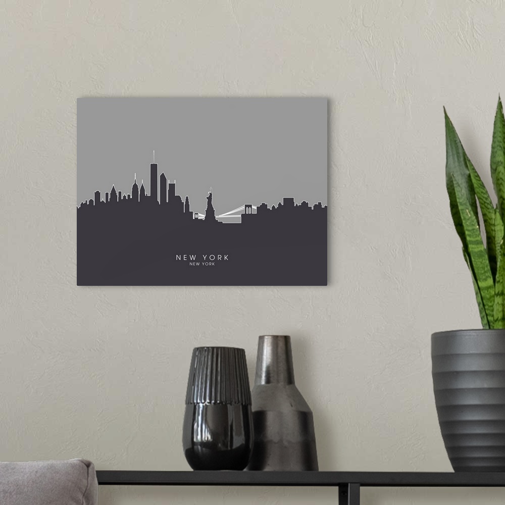 A modern room featuring Contemporary artwork of the New York City skyline silhouetted in dark gray.