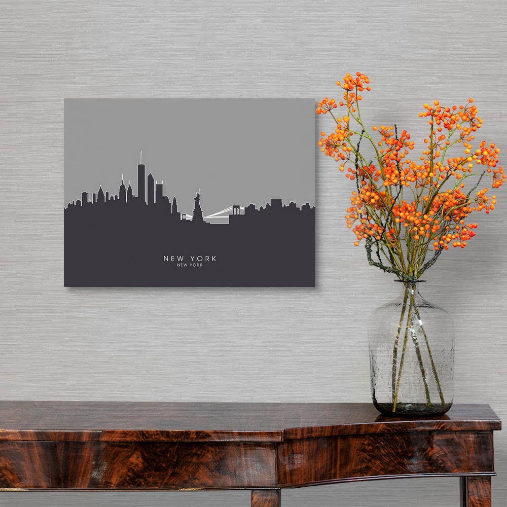 A traditional room featuring Contemporary artwork of the New York City skyline silhouetted in dark gray.