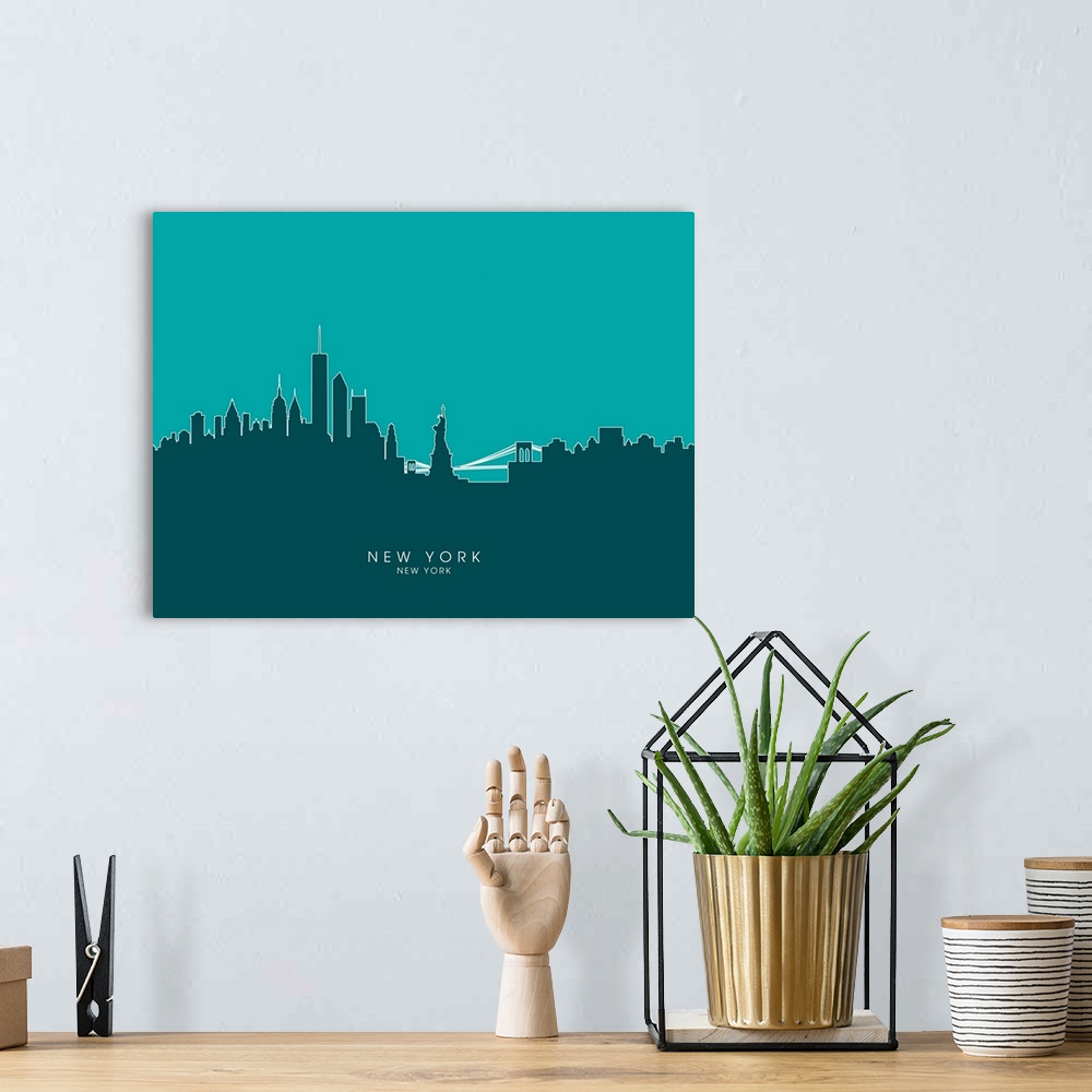 A bohemian room featuring Contemporary artwork of the New York City skyline silhouetted in teal.
