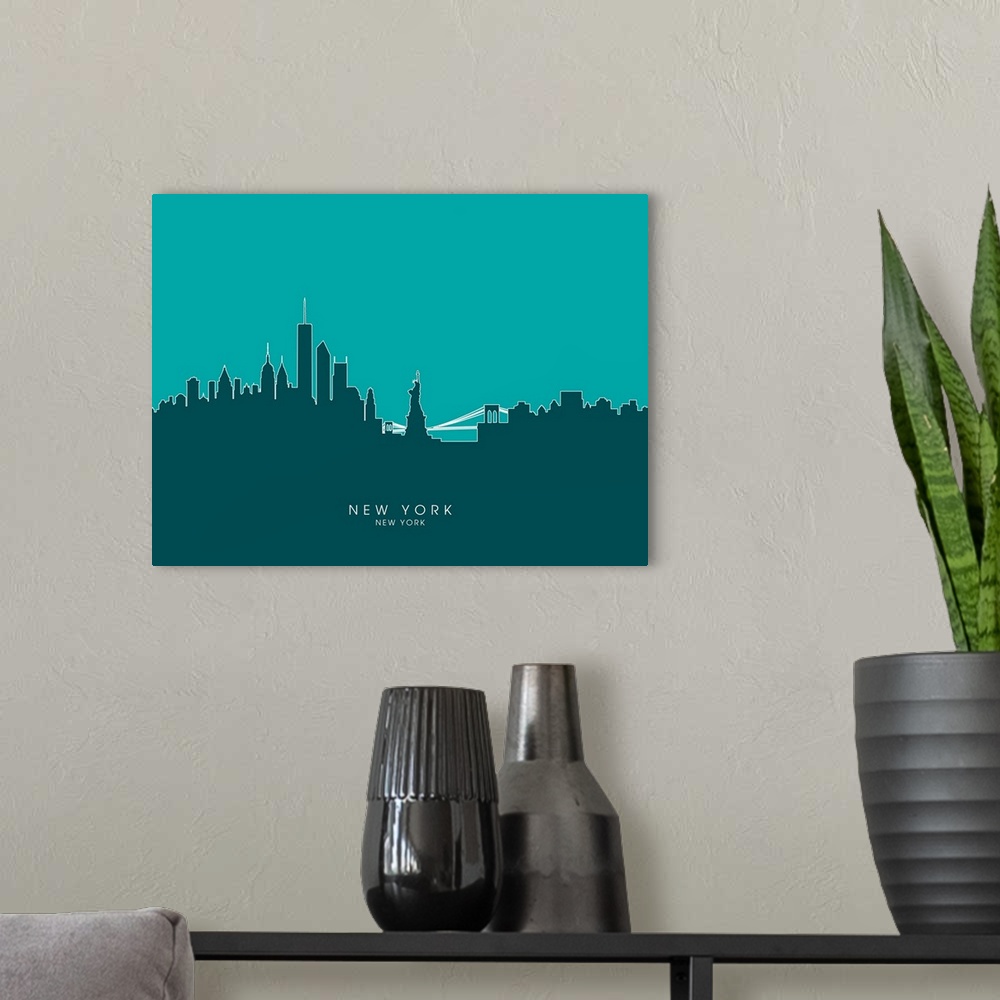 A modern room featuring Contemporary artwork of the New York City skyline silhouetted in teal.
