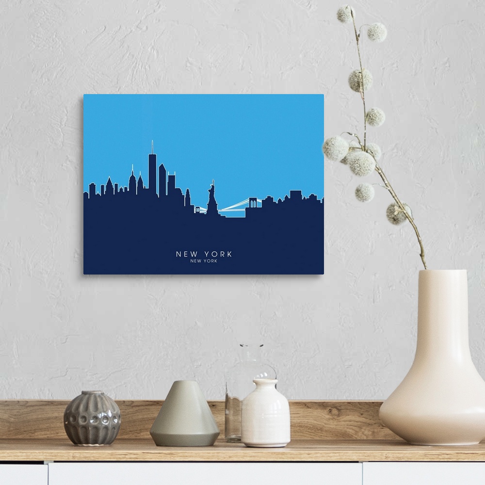 A farmhouse room featuring Contemporary artwork of the New York City skyline silhouetted in blue.