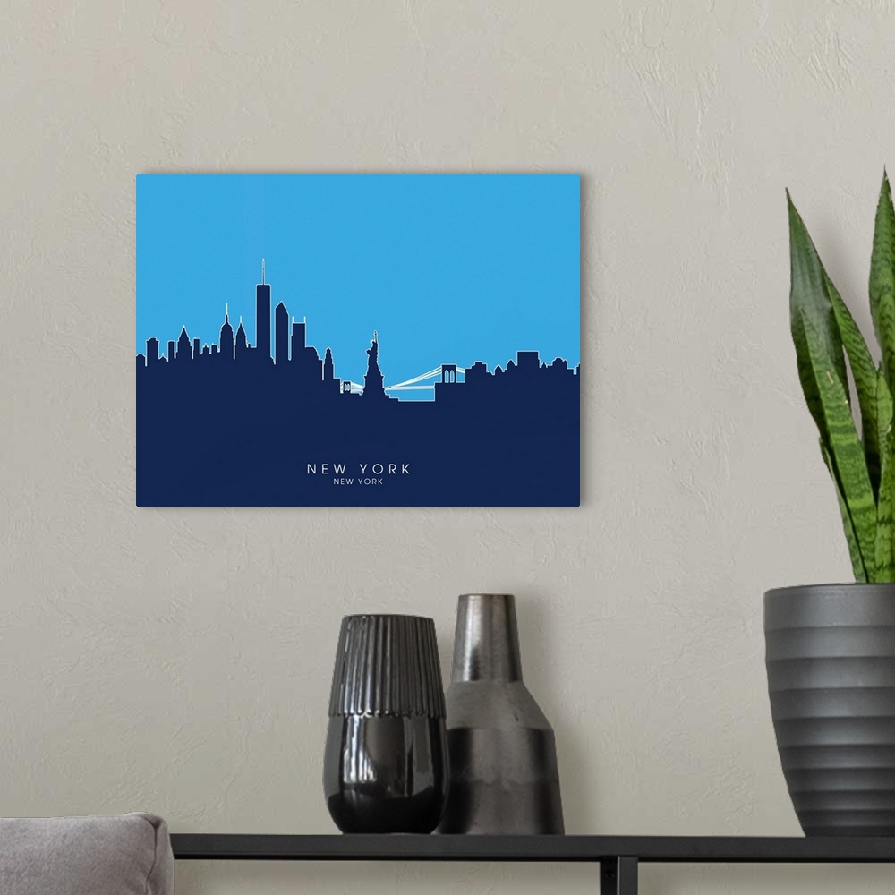 A modern room featuring Contemporary artwork of the New York City skyline silhouetted in blue.