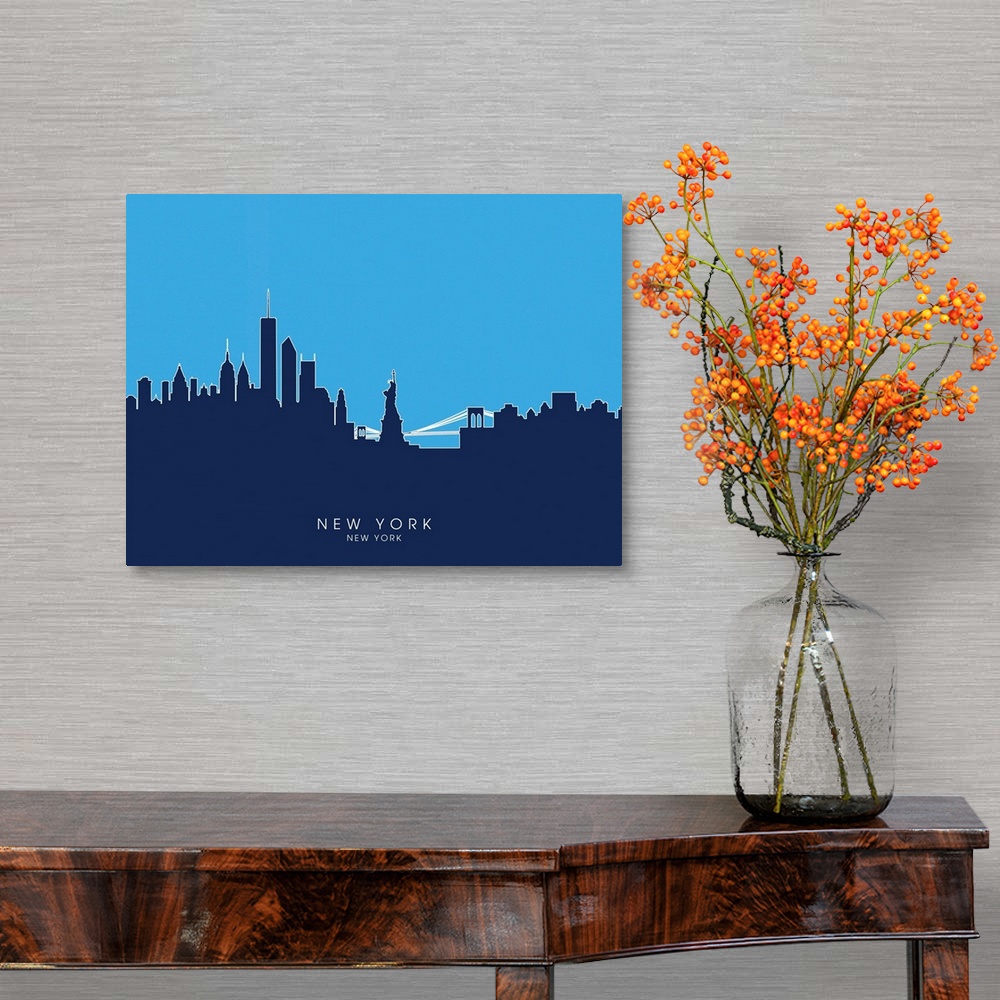 A traditional room featuring Contemporary artwork of the New York City skyline silhouetted in blue.