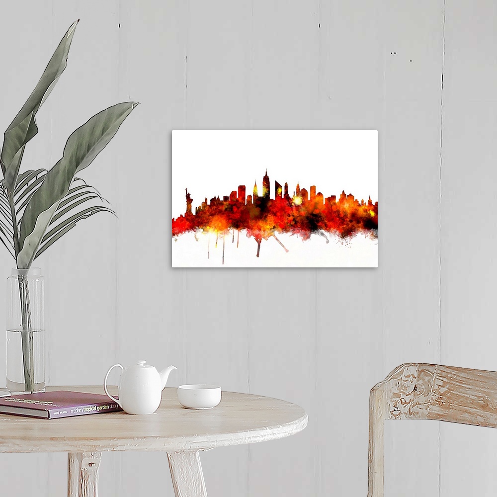 A farmhouse room featuring Contemporary piece of artwork of the New York City skyline made of colorful paint splashes.