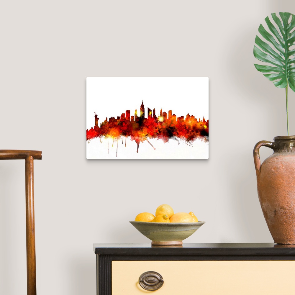 A traditional room featuring Contemporary piece of artwork of the New York City skyline made of colorful paint splashes.