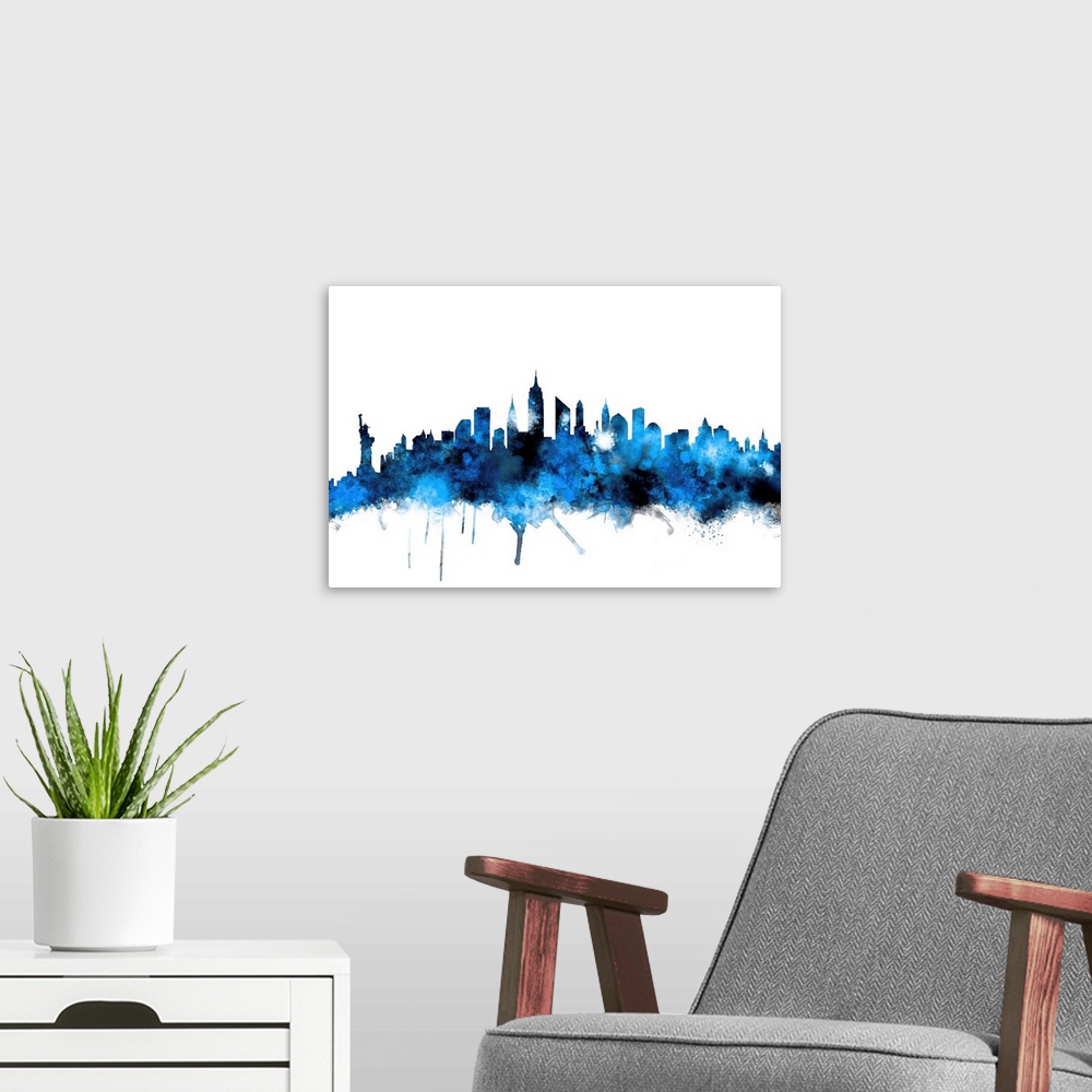 A modern room featuring Contemporary piece of artwork of the New York City skyline made of colorful paint splashes.