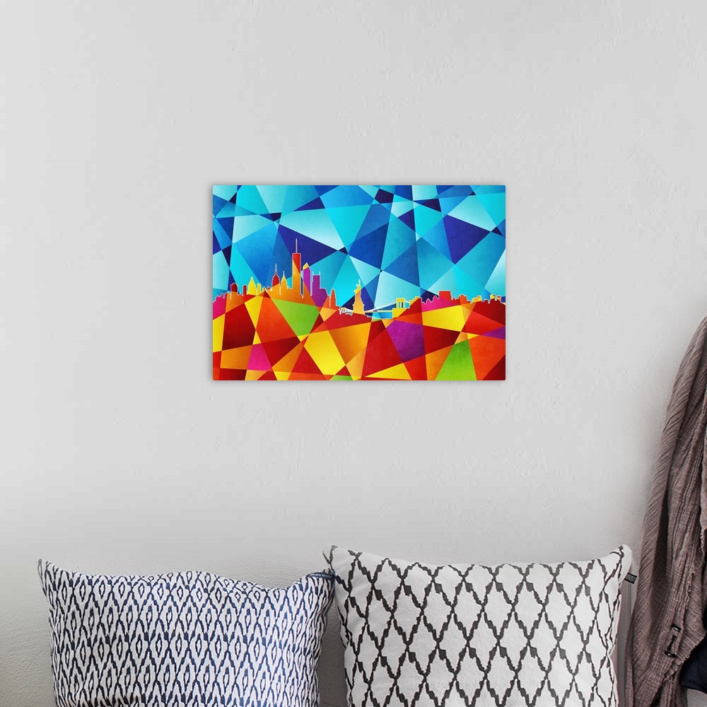 A bohemian room featuring Contemporary artwork of a geometric and prismatic skyline of New York City.
