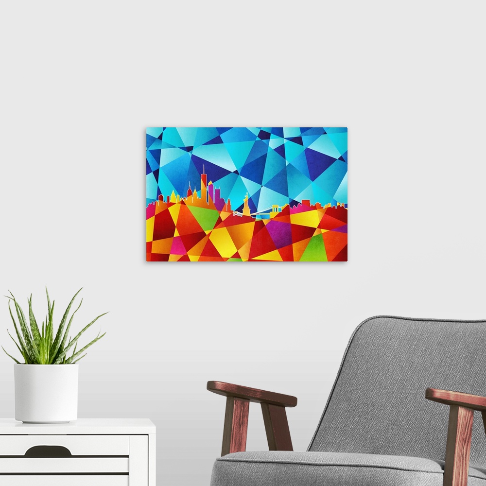 A modern room featuring Contemporary artwork of a geometric and prismatic skyline of New York City.