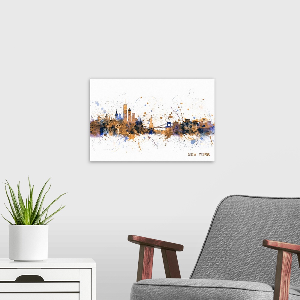 A modern room featuring Contemporary piece of artwork of the New York City skyline made of colorful paint splashes.
