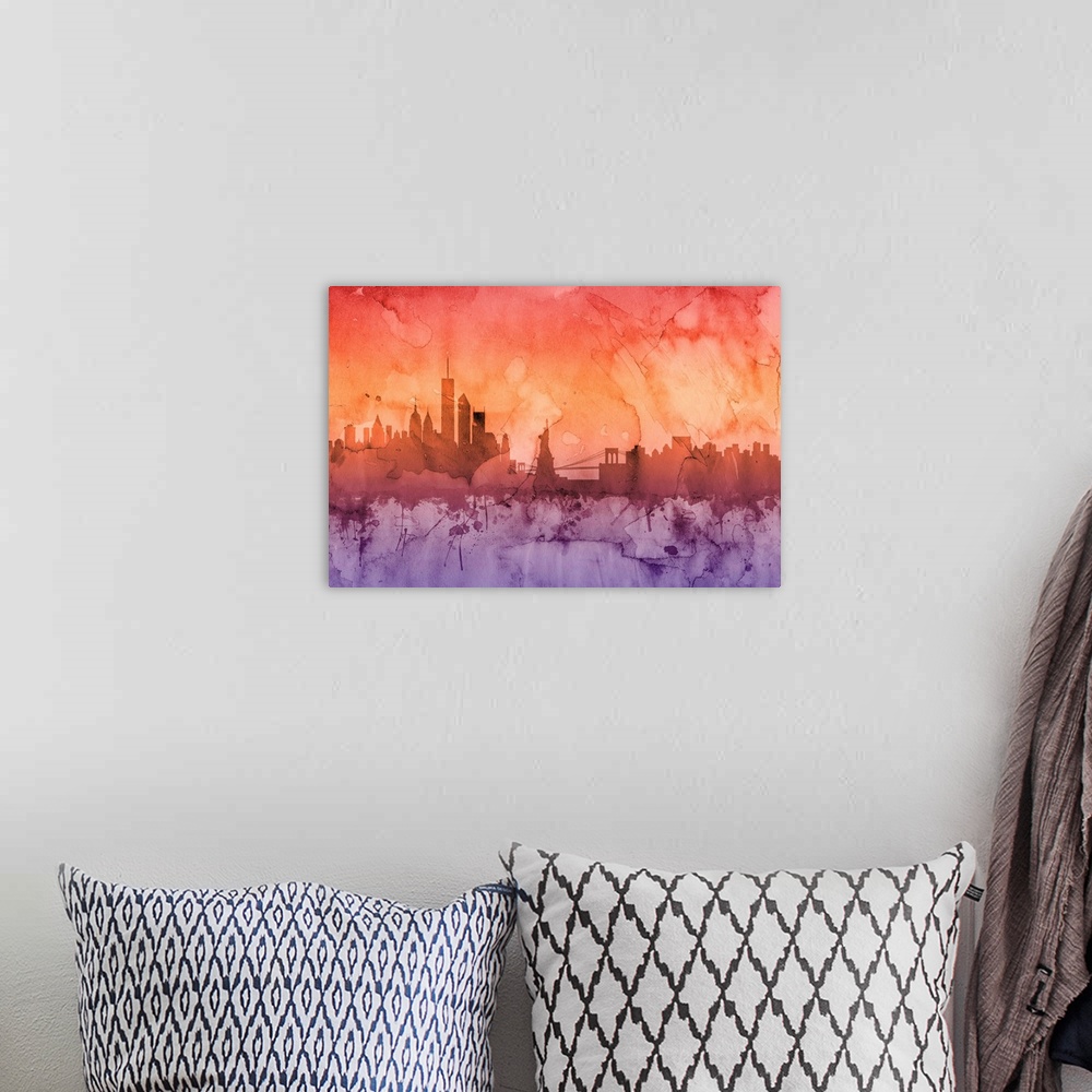 A bohemian room featuring Watercolor art map of the New York City skyline.
