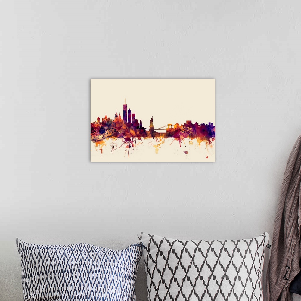 A bohemian room featuring Watercolor artwork of the New York City skyline against a beige background.