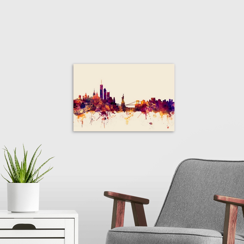 A modern room featuring Watercolor artwork of the New York City skyline against a beige background.