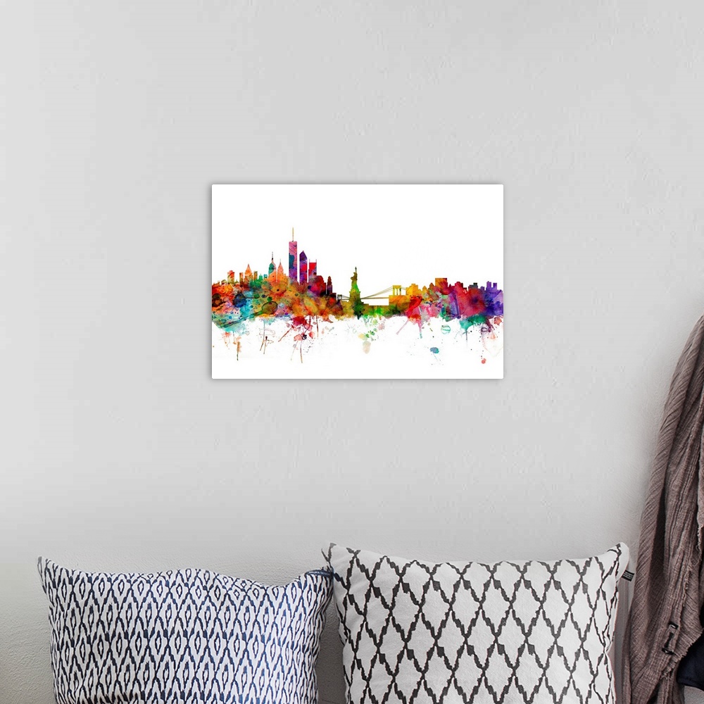 A bohemian room featuring Watercolor artwork of the New York City skyline against a white background.