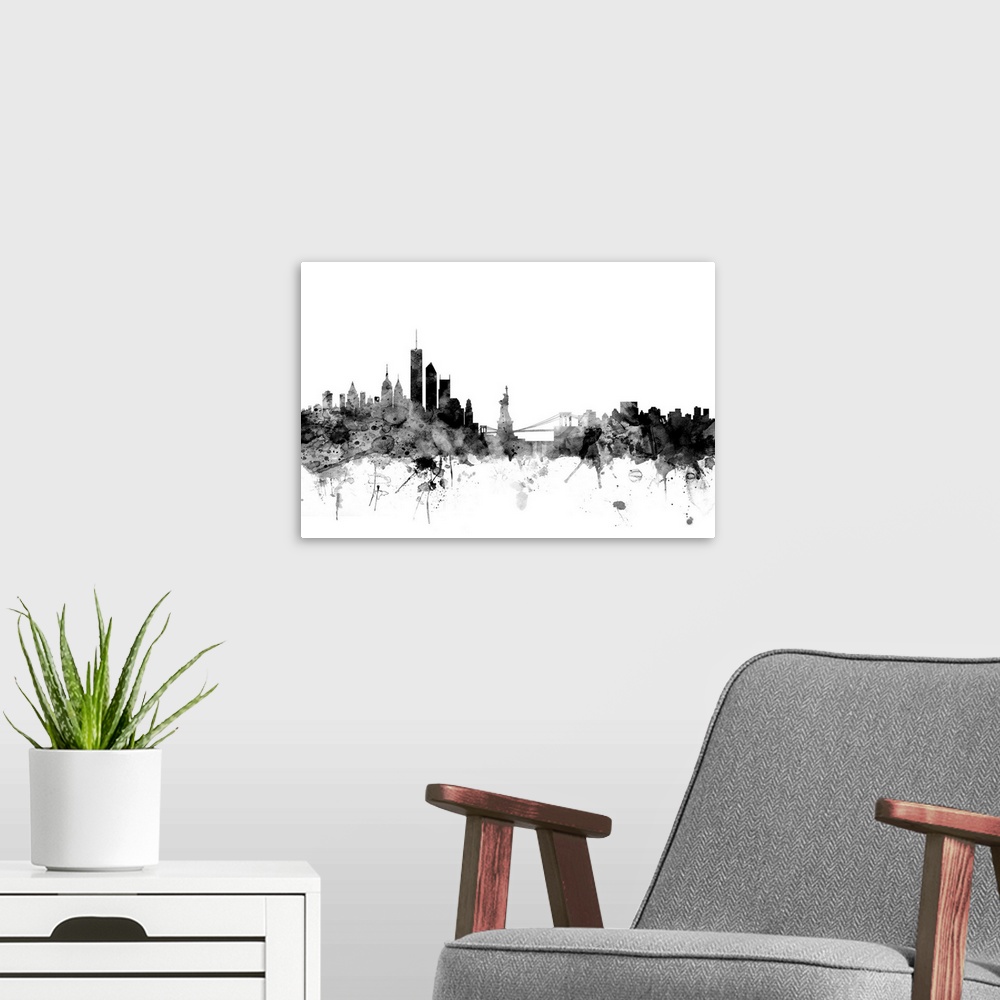 A modern room featuring Contemporary artwork of the New York city skyline in black watercolor paint splashes.