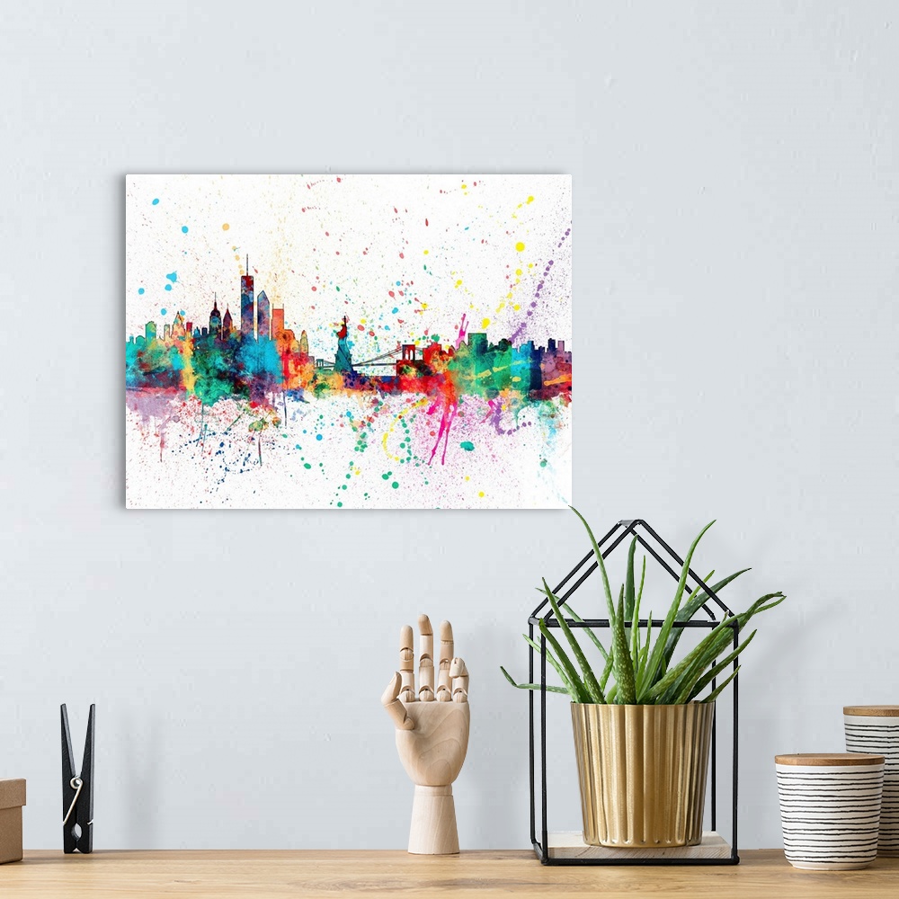 A bohemian room featuring Contemporary colorful paint splash of the New York city skyline.