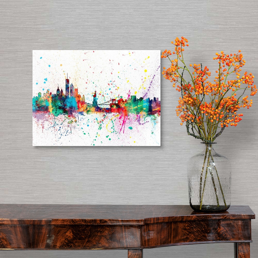 A traditional room featuring Contemporary colorful paint splash of the New York city skyline.