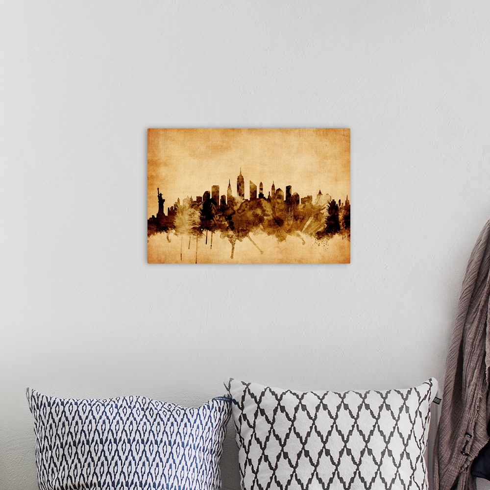 A bohemian room featuring Contemporary artwork of the New York city skyline in a vintage distressed look.